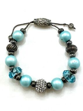 Vintage Aqua Pearl & Silver Crystal Pavé Adjustable Bracelet